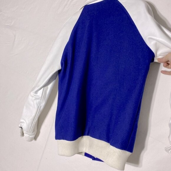 Vintage ‘77 Blue Varsity Jacket W White Leather Sleeves Wetaskiwin Sportshop S - Picture 12 of 16